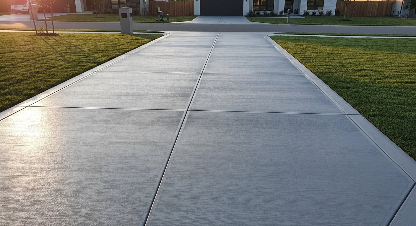 Fresh finished concrete driveway with clean control joints