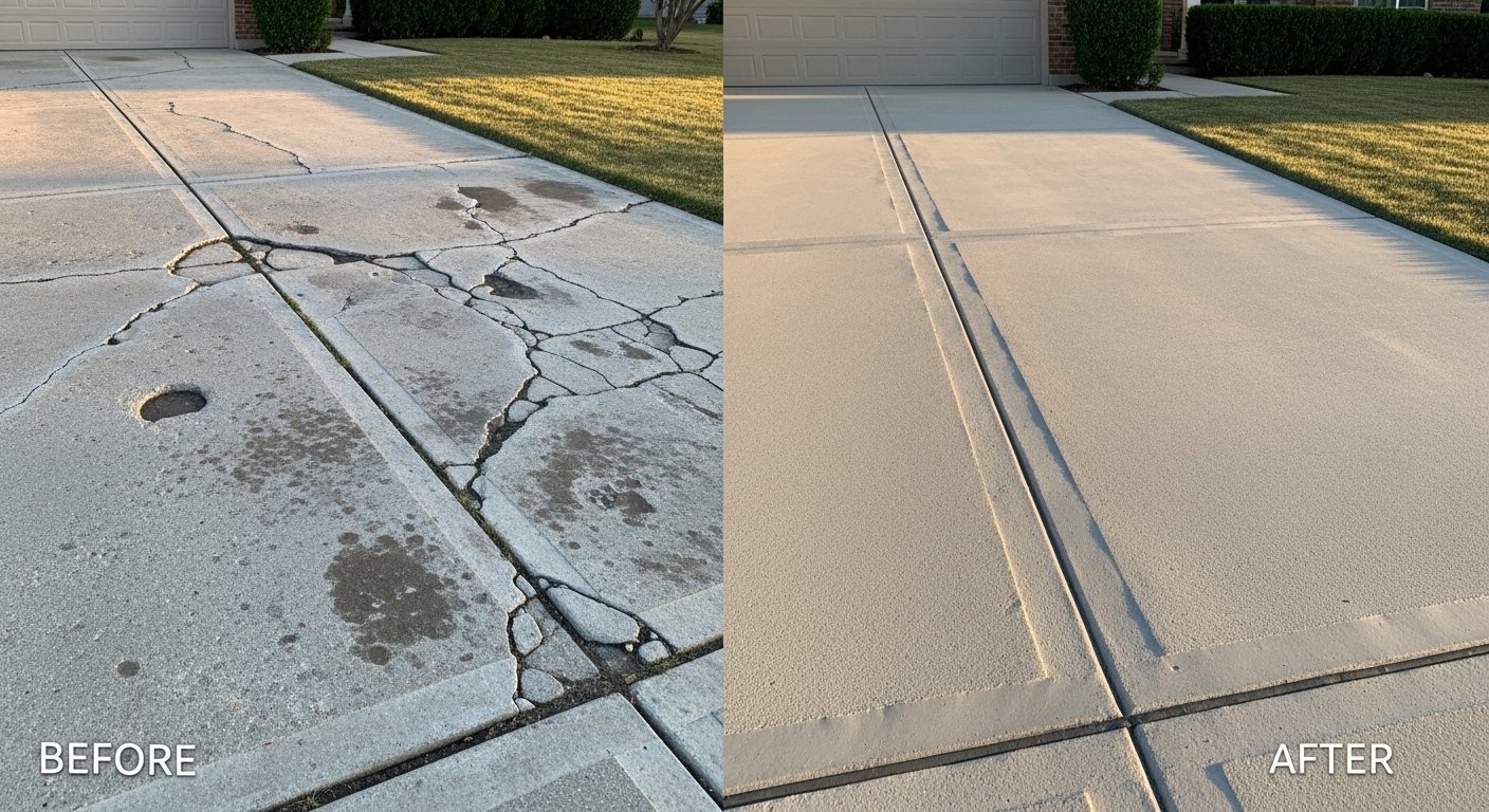 Concrete driveway repair with damaged section removed for replacement