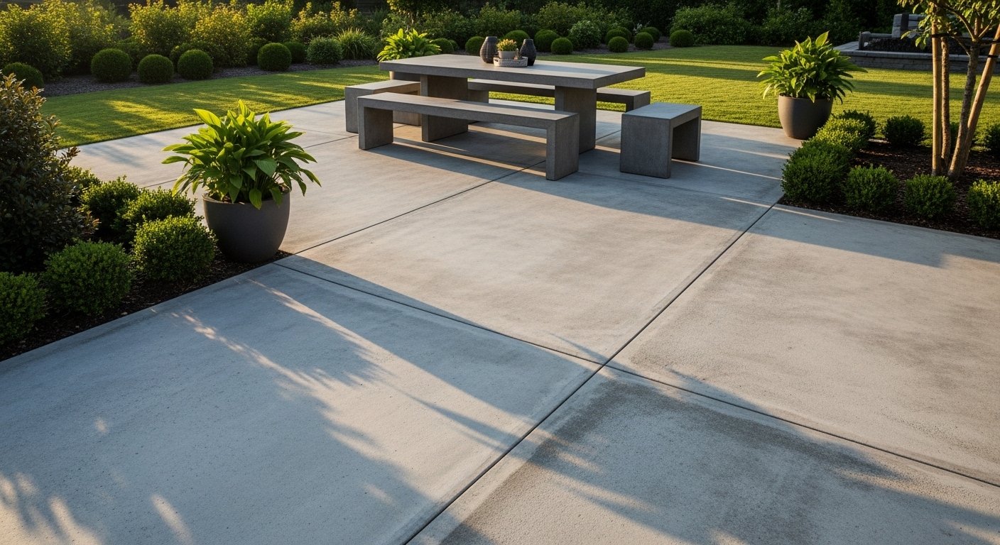 Modern concrete patio with clean edges and seating area